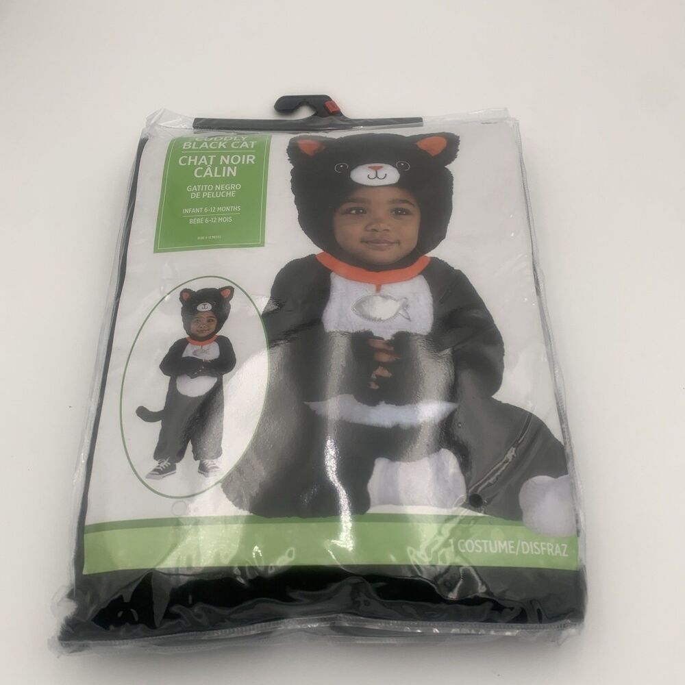 Cuddly Black Cat Baby Halloween Costume Size 6-12 Months New Jumpsuit Hood Tail